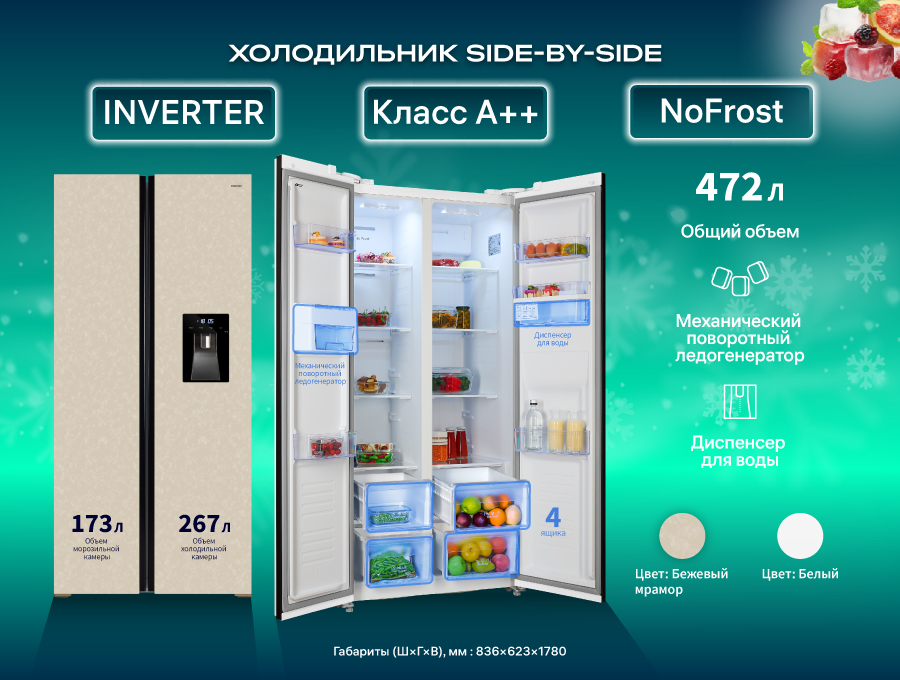 Запас свежести и атмосфера комфорта: холодильники NORD формата Side-by-Side с диспенсером