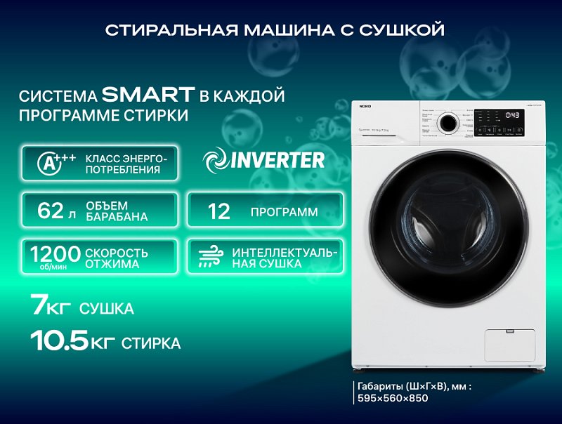 Стирка и сушка в одном цикле: премьера стиральной машины NORD i-WQ4 10712 W NORD